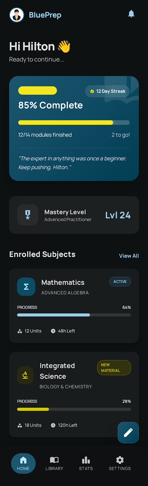 Examia app home screen showing study progress, streak and enrolled subjects